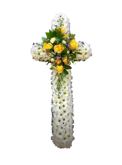 Cross tribute SYM 948 - This classic 120cm cross is made using massed white flowers, complemented with a yellow head. *Fine Print: We cannot guarantee what the flower varieties or colours will be.